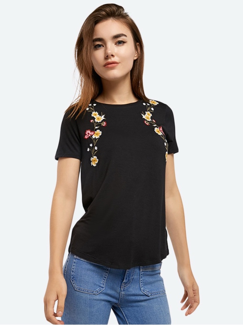 Embroidered Floral Black Short Sleeve Tee